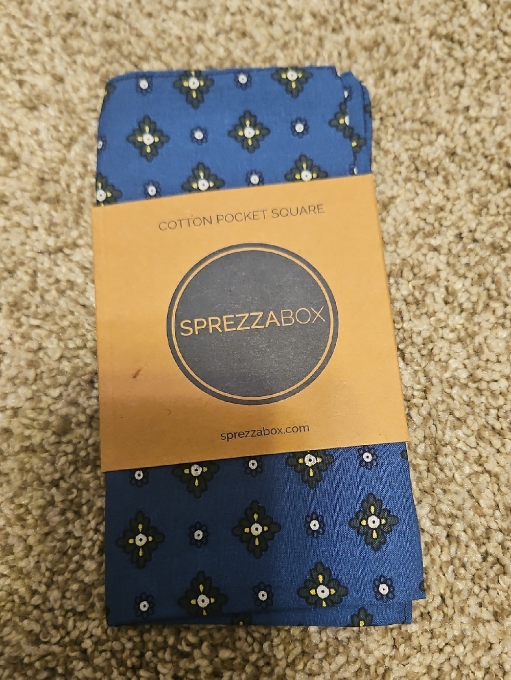 Blue Sprezzabox Cotton Pocket Square With Green Geometric Pattern NWT